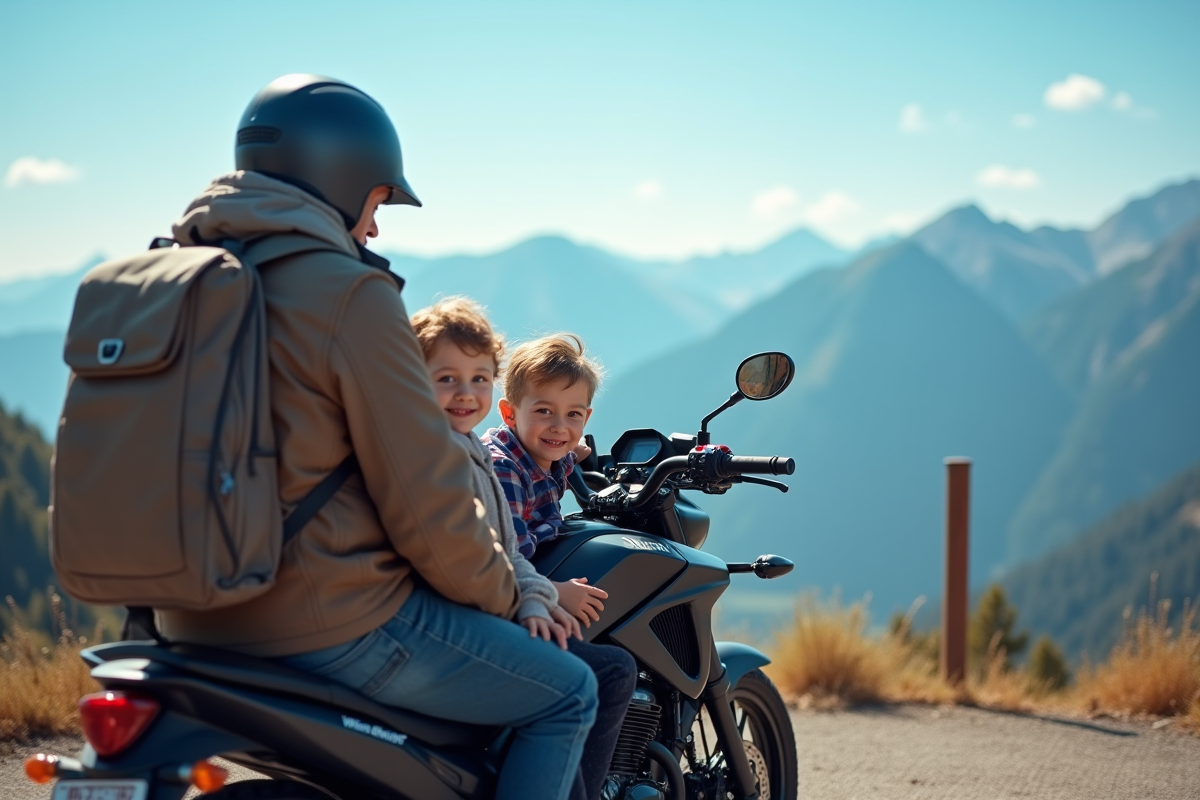 Famille en moto moderne au point de vue montagne avec paysage