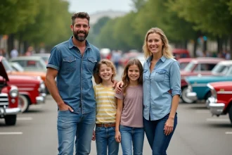 Famille souriante regardant un défilé de voitures anciennes en extérieur