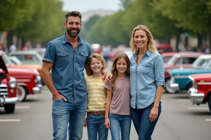 Famille souriante regardant un défilé de voitures anciennes en extérieur
