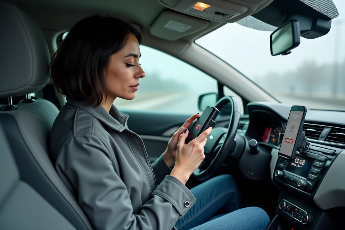 Femme consultant son smartphone dans sa voiture avant d'activer une balise d'urgence V16 connectée