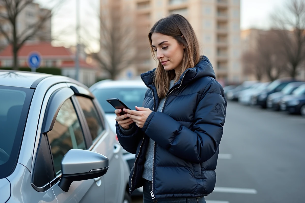 Une femme utilisant une application de gestion automobile sur son smartphone à côté de sa voiture en ville
