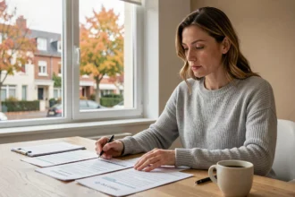 Femme consultant des documents d'assurance auto à Aix-les-Bains depuis son bureau à domicile