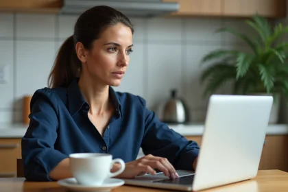 Femme consultant les avis UFC-Que Choisir sur un ordinateur portable avant de signer un contrat automobile avec Aramis Auto