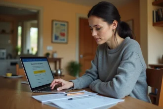 Femme consultant des documents d'assurance auto et un comparateur en ligne pour réduire son budget voiture