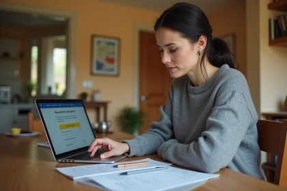 Femme consultant des documents d'assurance auto et un comparateur en ligne pour réduire son budget voiture