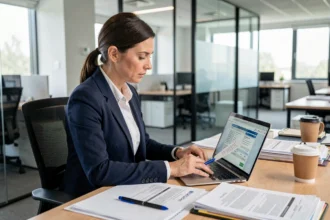 Femme professionnelle comparant des offres d'assurance auto sur un ordinateur portable dans un bureau moderne