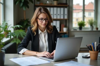 Femme au bureau remplissant un certificat de transfert véhicule