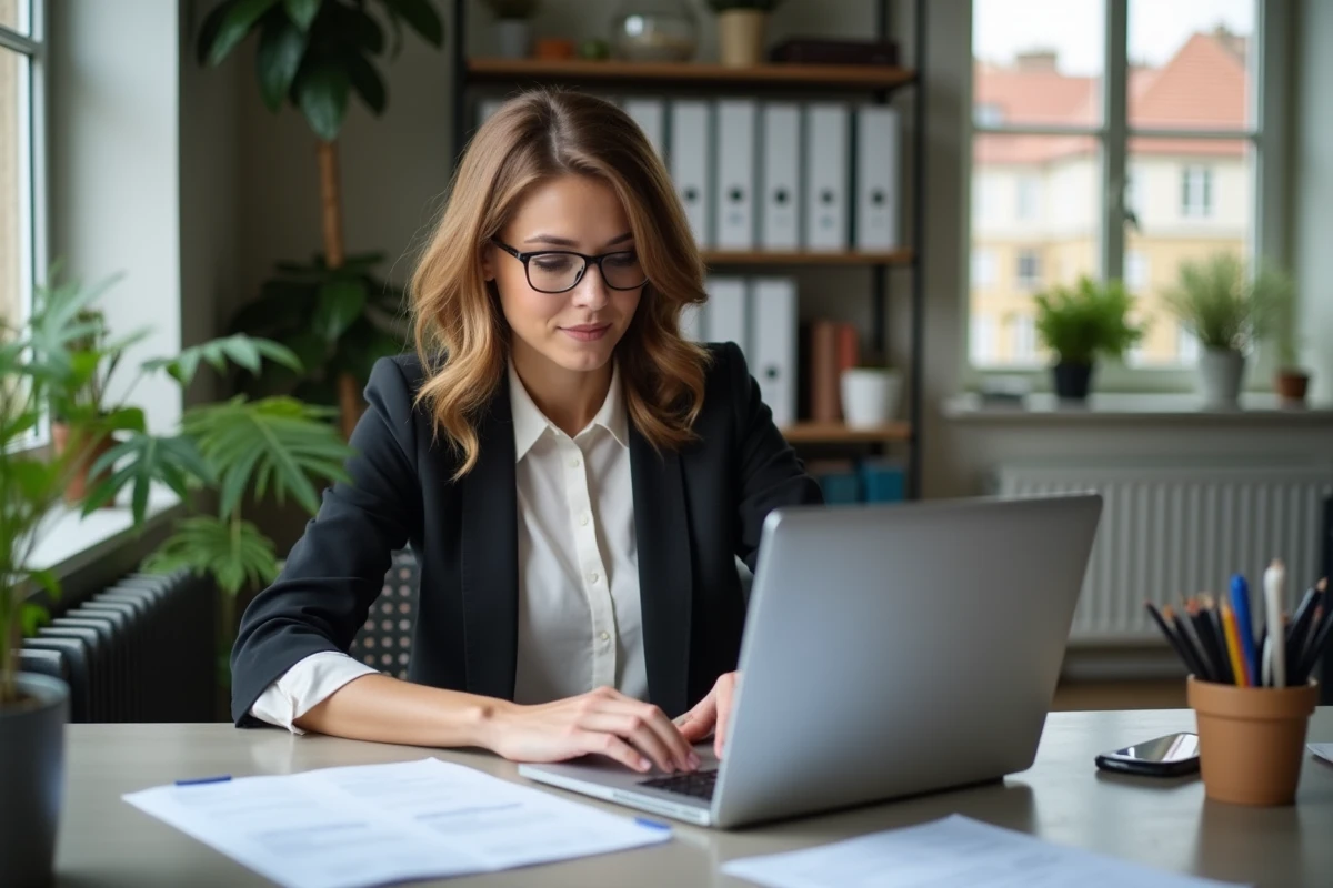 Femme au bureau remplissant un certificat de transfert véhicule