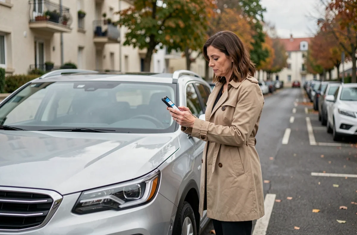 Femme calculant le coût de la carte grise de son SUV depuis une application mobile dans un parking