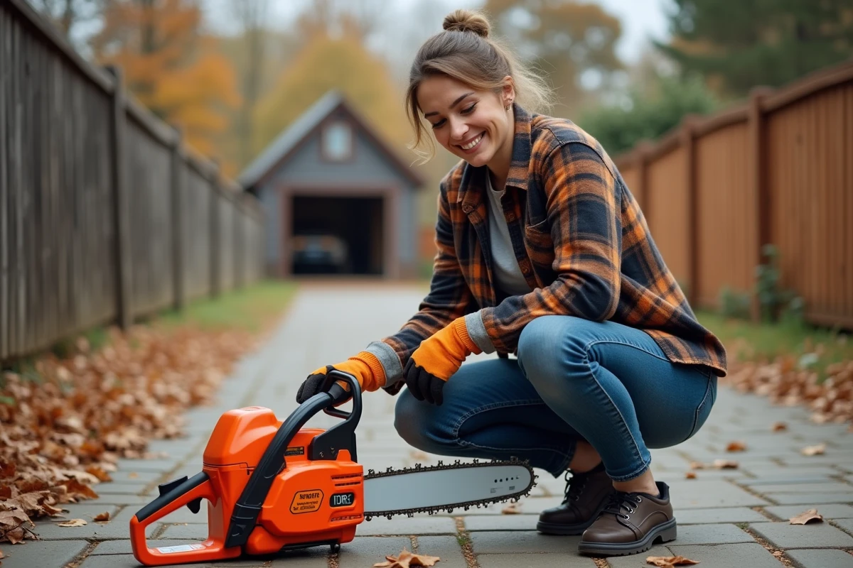 Femme en flanelle inspecte une chaîne avec un bidon
