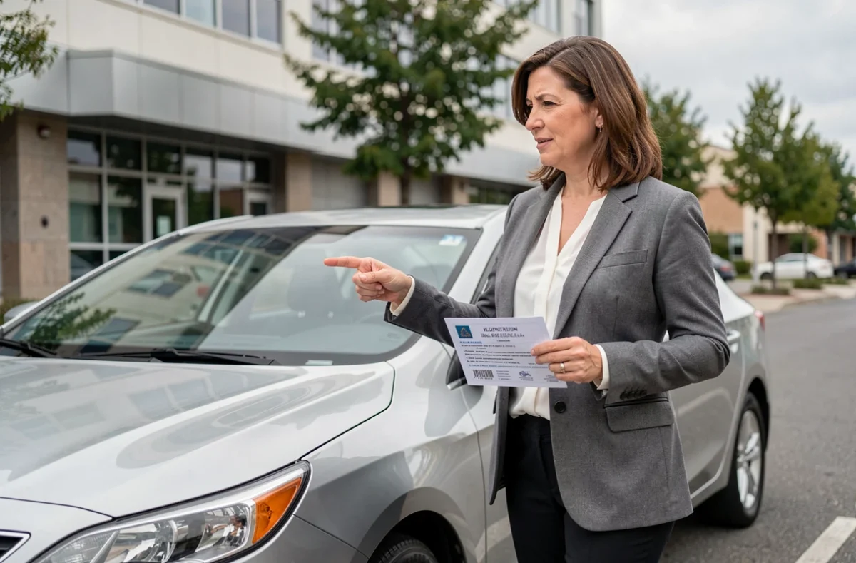 Femme tenant un certificat d'immatriculation devant sa voiture dans un parking urbain