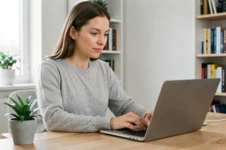 Femme comparant des assurances auto en ligne sur un ordinateur portable dans un bureau à domicile moderne
