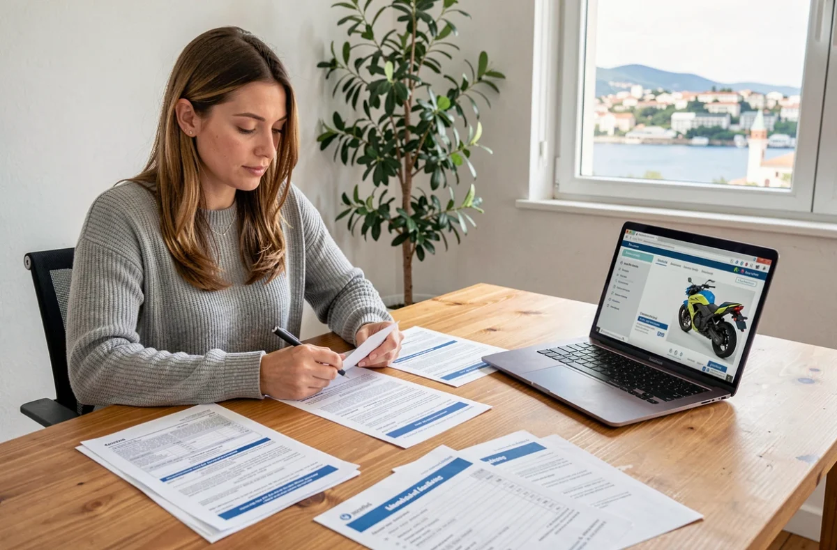 Femme comparant des offres d'assurance moto sur ordinateur avec des documents papier sur un bureau à domicile à Toulon