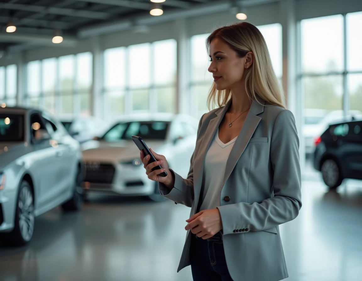Femme dans une concession automobile consultant Webcarnews sur son smartphone avant d'acheter une voiture