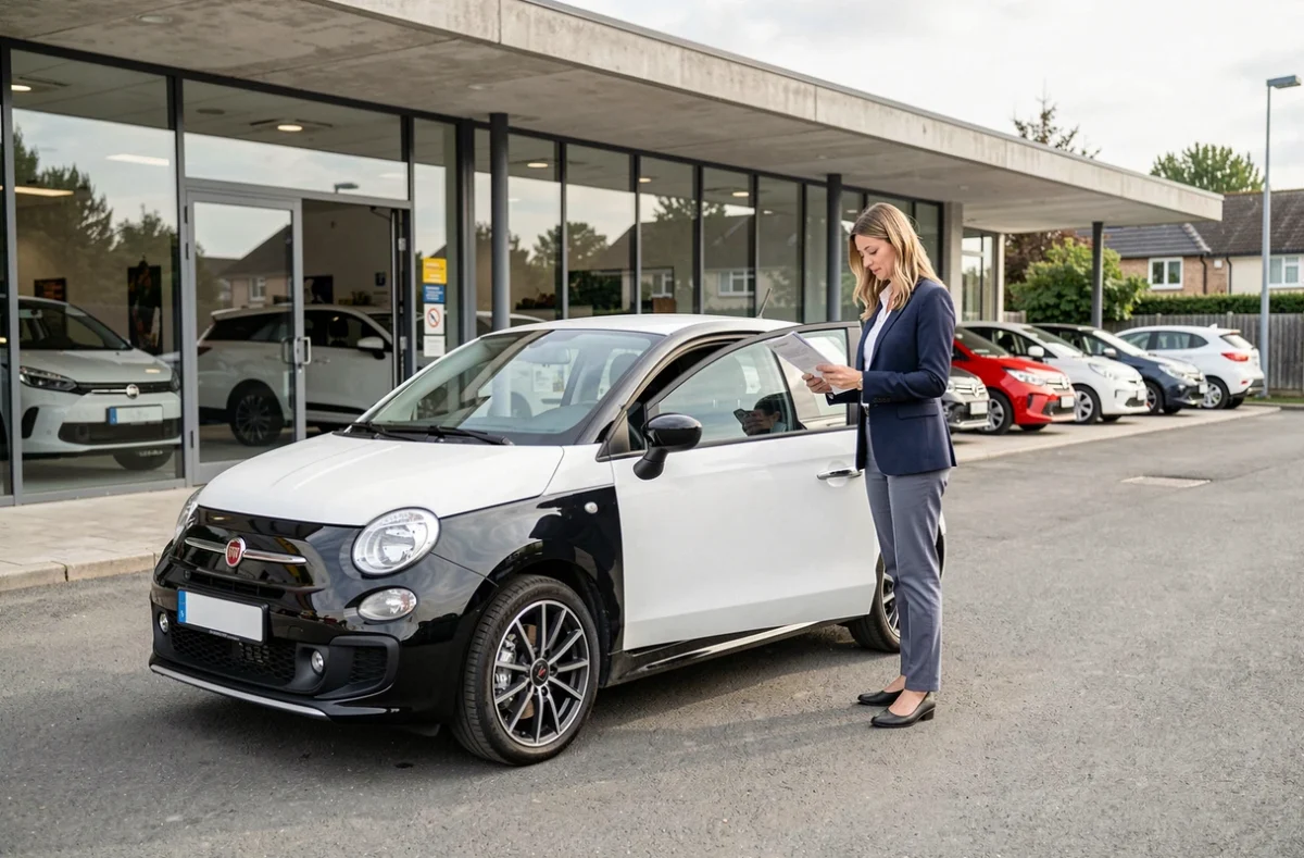 Femme consultant une brochure devant une voiture sans permis GTI blanche dans une concession automobile