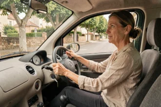 Femme conduisant une voiture sans permis dans une rue de banlieue française