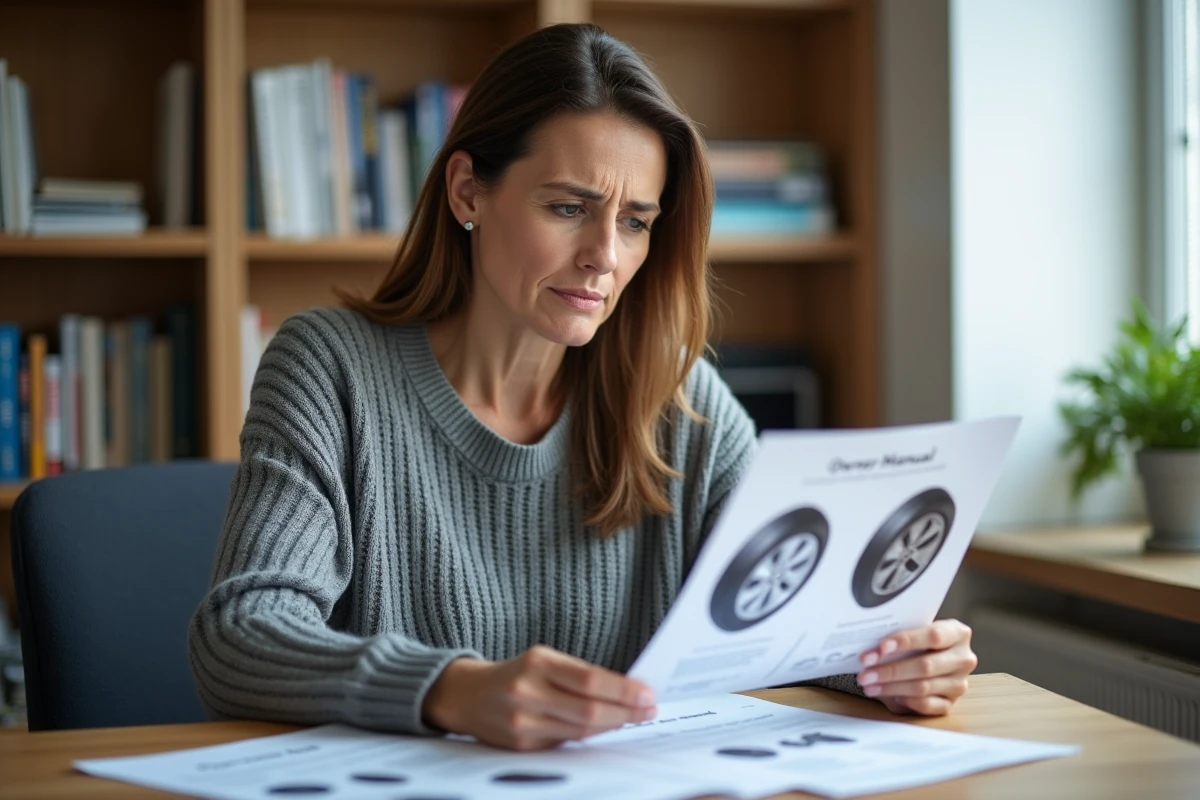 Femme consultant un guide de calcul de taille de pneu et un manuel de véhicule à son bureau