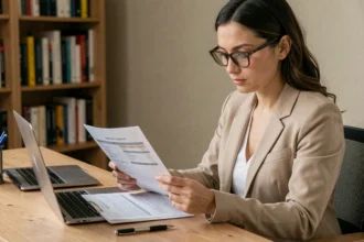 Femme en blazer beige examinant un contrat d'assurance voiture MAE à son bureau à domicile