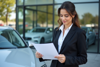 Femme d affaires examinant un contrat près d une voiture moderne