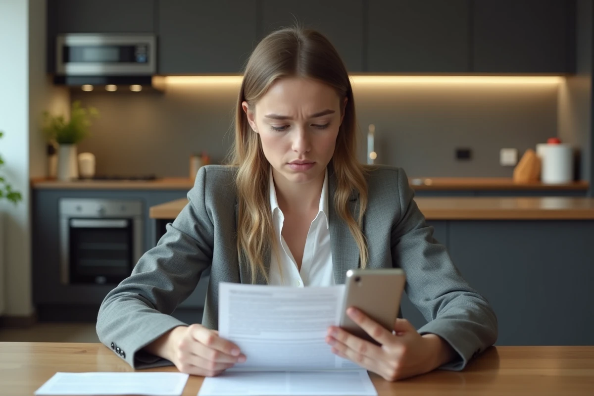 Jeune femme analysant des documents de vente auto à la maison