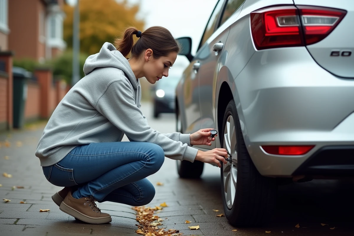 Femme gonflant les pneus de sa Seat Ibiza argentée sur une rue résidentielle avec un manomètre portatif