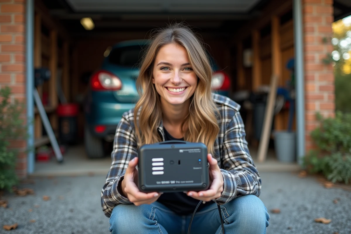 Jeune femme tenant un convertisseur dans un garage en camping