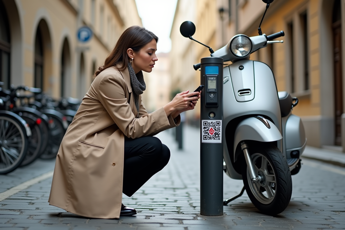 Femme en trench scannant un QR code sur un scooter en rue