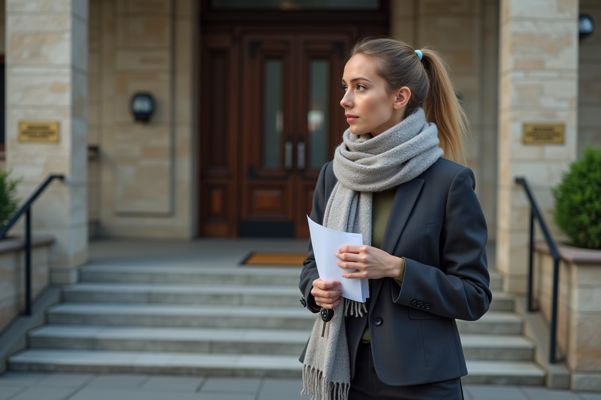Jeune femme devant un tribunal moderne en tenue élégante