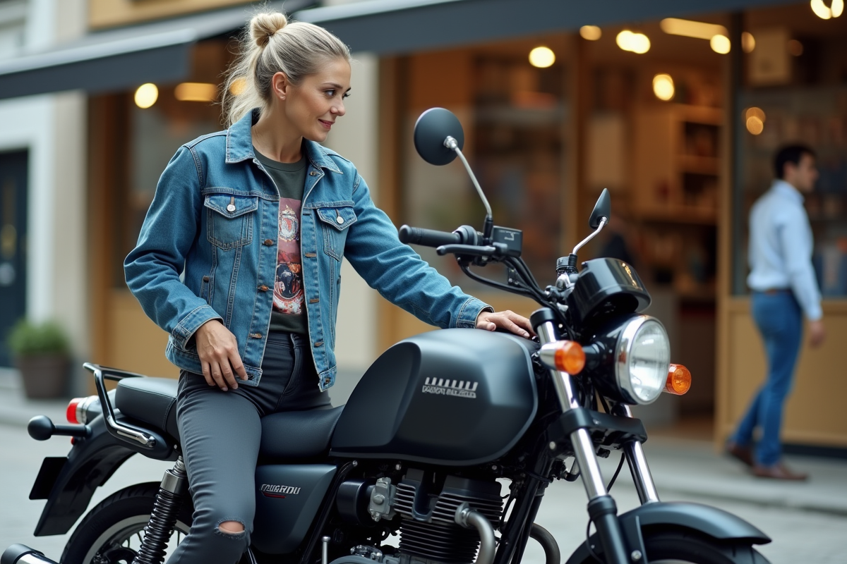 Femme inspectant une moto 125cc devant un magasin
