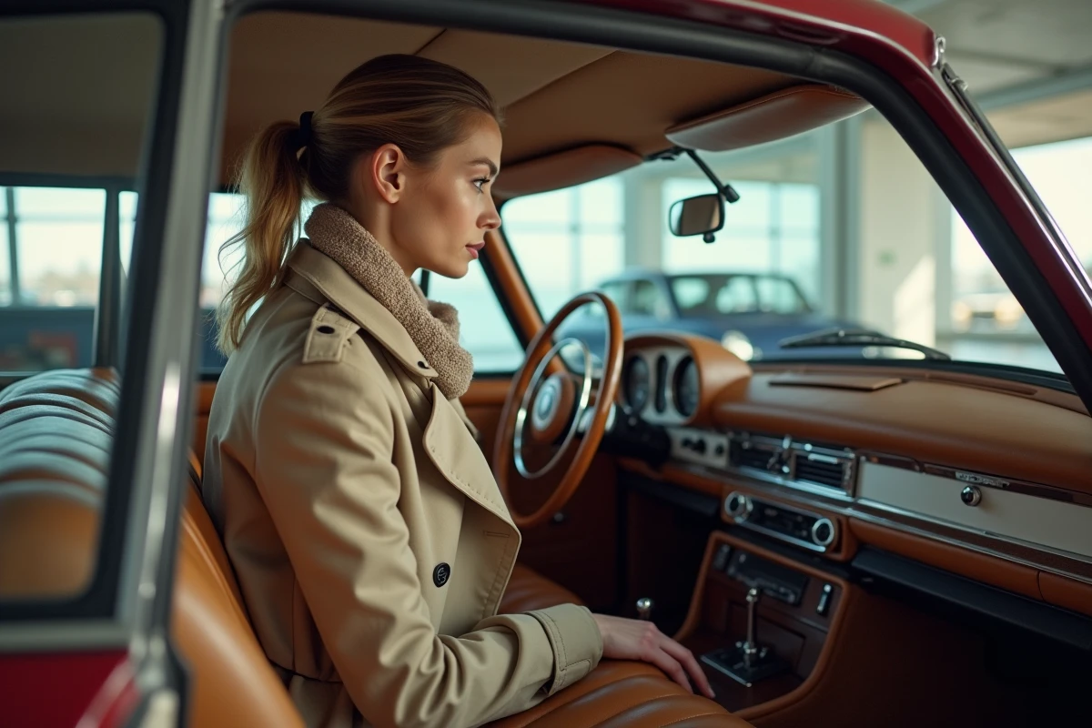Femme regardant l’intérieur d’une Mercedes 300 SL dans un garage moderne