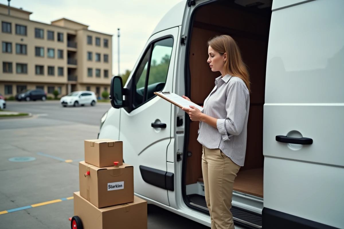 Femme consultant une liste d'inventaire devant un Renault Master 11m3 lors d'une opération de déménagement