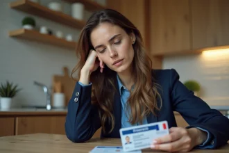 Femme examine sa licence de conduire française avec curiosite
