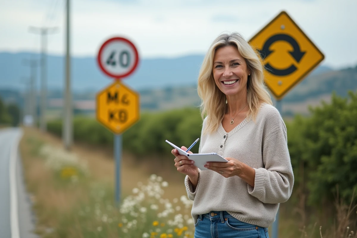 Femme souriante devant panneau de vitesse en extérieur