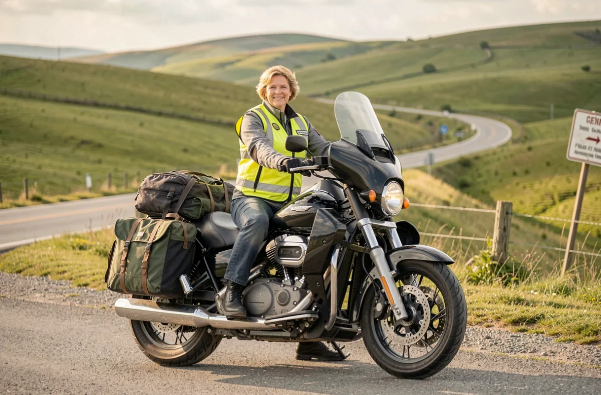 Femme motarde équipée d'une veste textile et d'une moto de tourisme chargée de valises latérales sur une route de campagne, pour illustrer l'assurance moto gran tourisme