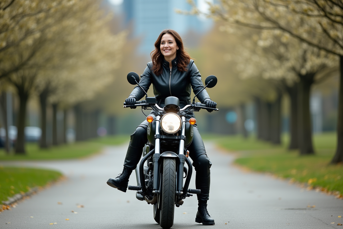 Femme en moto en ville dans un parc avec arbres en fleurs