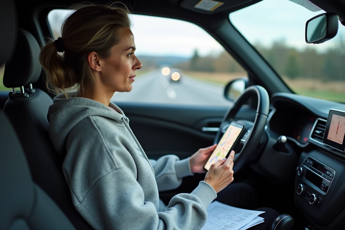 Femme consultant une application GPS sur smartphone pour optimiser un trajet en empruntant des autoroutes gratuites en France