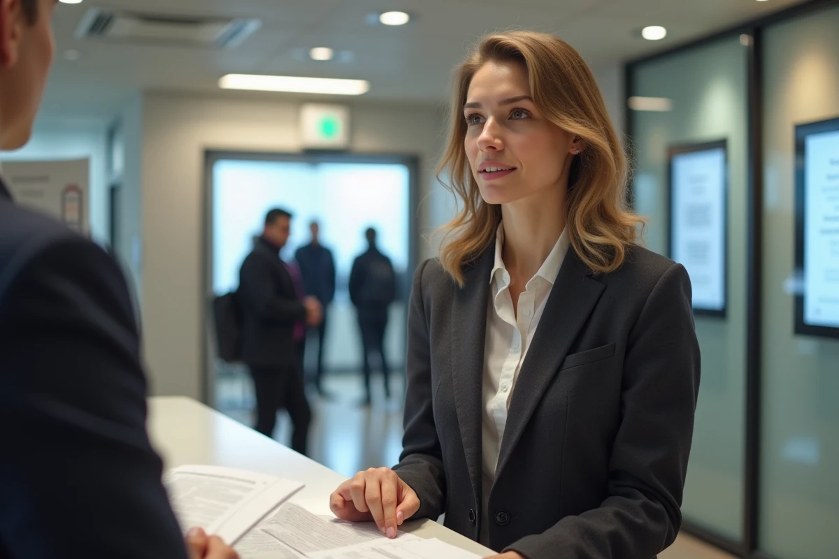 Jeune femme parlant avec un officiel à la préfecture