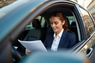 Femme professionnelle en voiture à Paris lisant documents