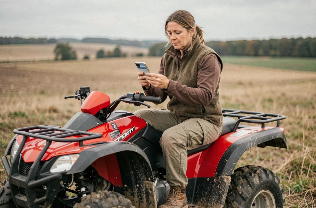Femme assise sur un quad 500cc rouge consultant des tarifs d'assurance sur son smartphone en milieu rural