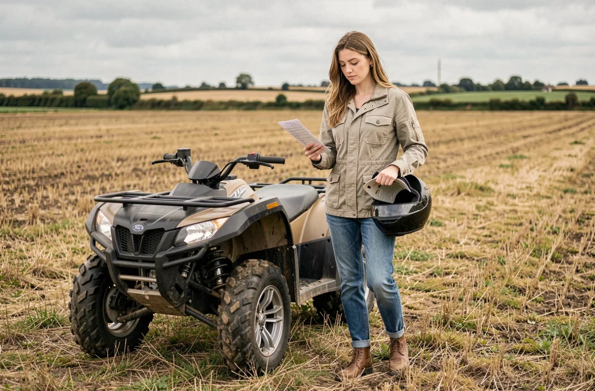 Jeune femme debout à côté d'un quad dans un champ agricole, consultant un document de carte grise avec son casque sous le bras