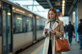 Femme sur un quai de gare vérifiant son billet de train, illustrant le coût d'un trajet en train en 2026