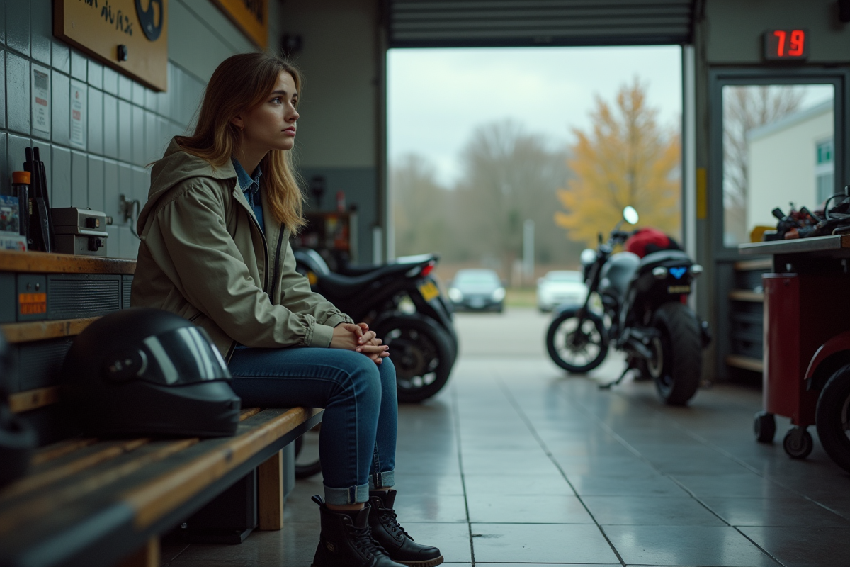 Jeune femme assise dans un atelier de réparation moto
