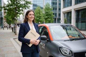 Jeune femme confiante avec voiture urbaine moderne