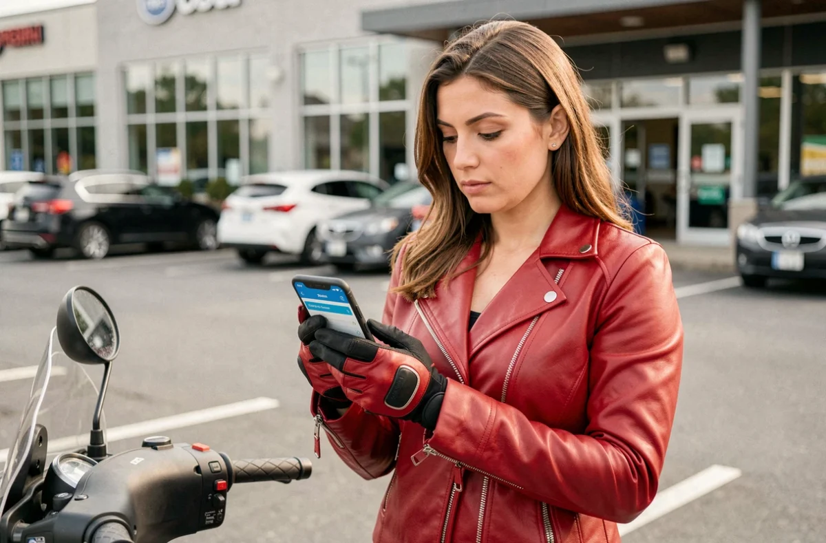 Une femme en veste de moto rouge comparant des formules d'assurance scooter sur son smartphone dans un parking