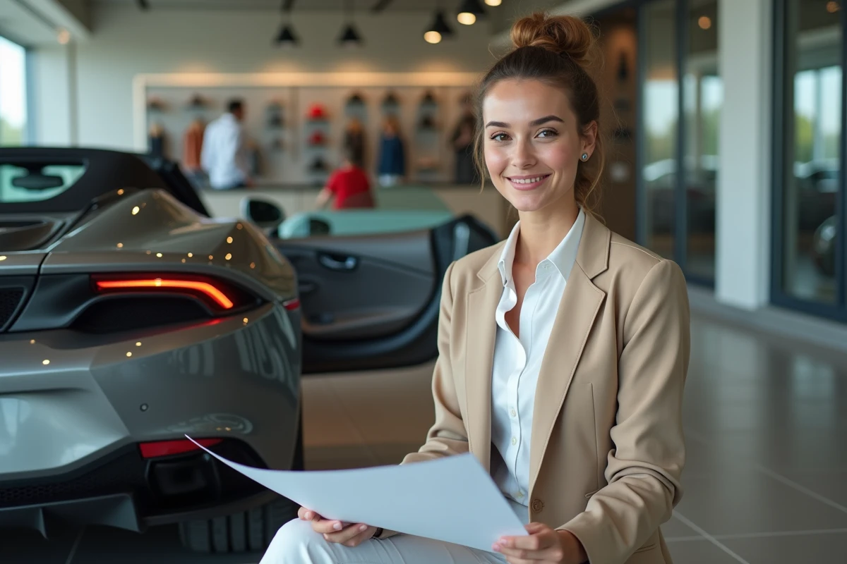 Femme souriante dans une concession avec voiture sportive