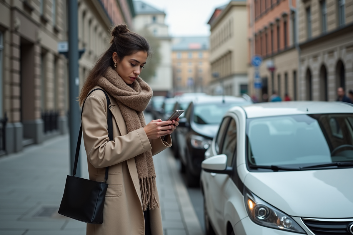 Jeune femme avec smartphone près de sa voiture en ville