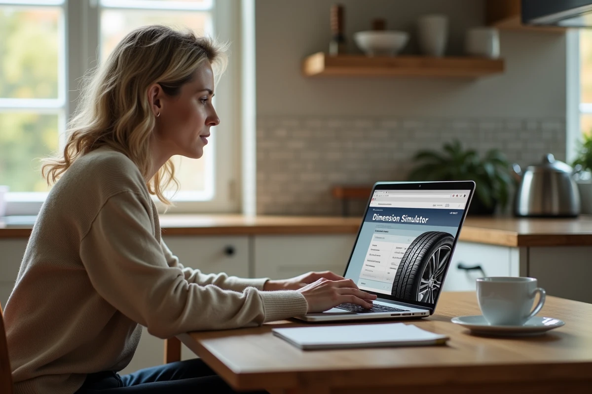 Femme utilisant un ordinateur pour simuler la dimension des pneus