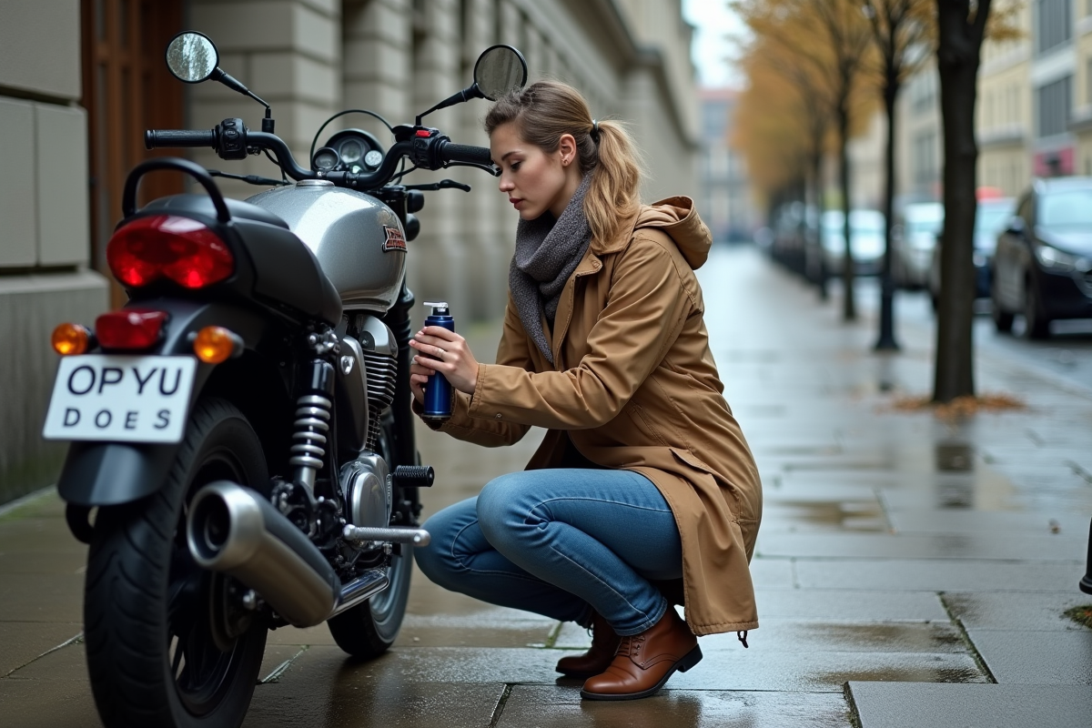 Jeune femme applique un spray sur sa moto sous la pluie en ville