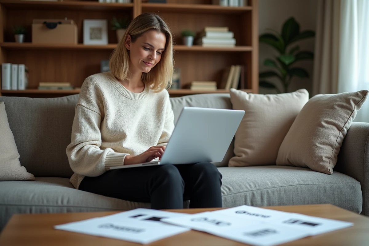 Femme comparant fichiers logo sur son ordinateur portable