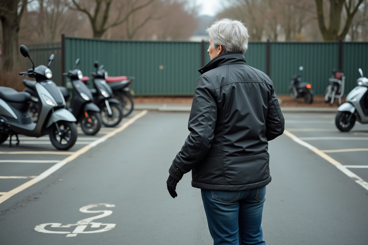 Femme inspectant un espace de parking moto vide